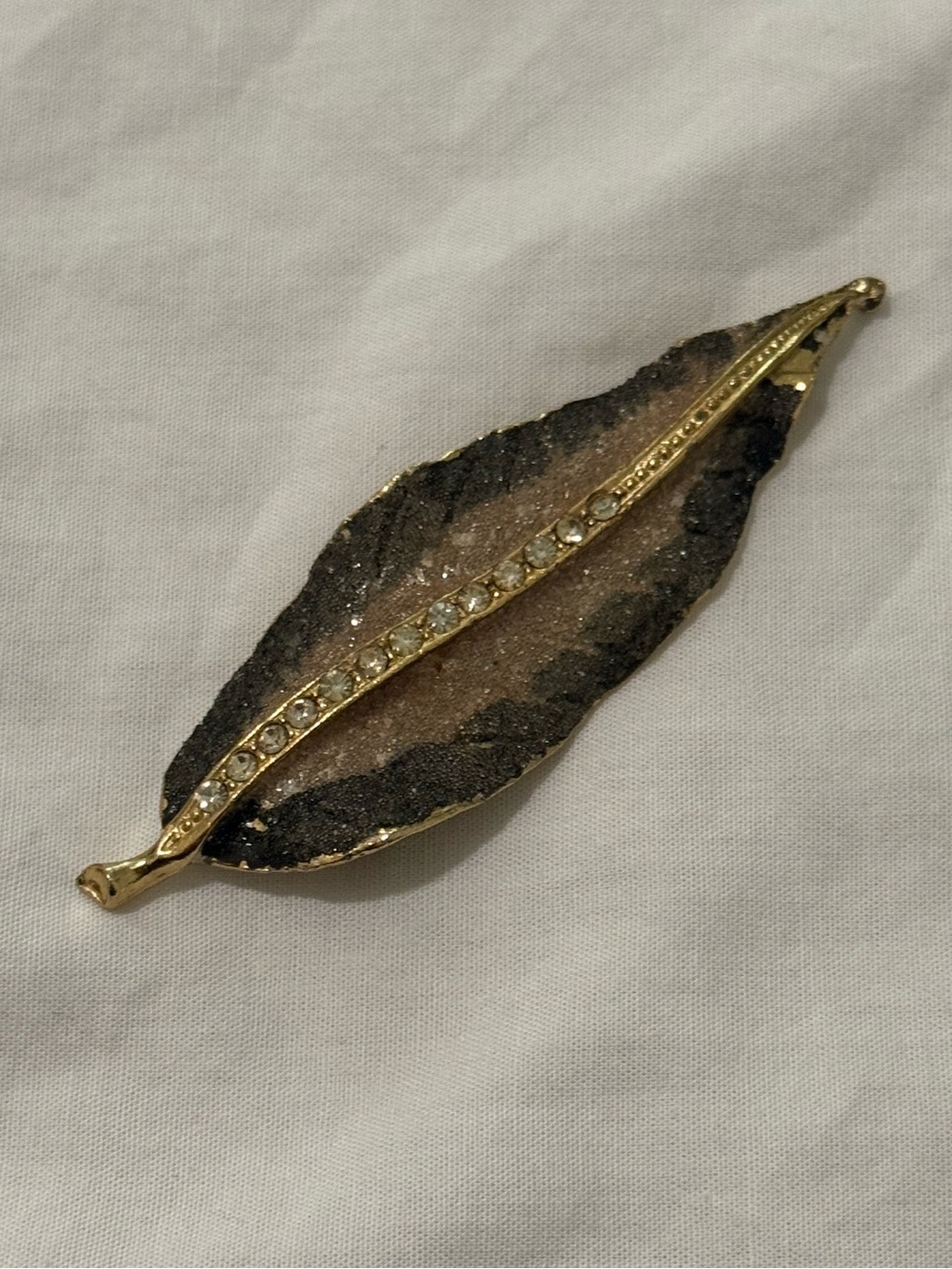 Vintage Coralene Gold-Tone Leaf and Crystal Accent Brooch